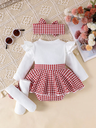 Baby Girls Aged 0-1 Years Old Have Comfortable Sweet And Cute Black Top + Houndstooth Skirt + Hair Band