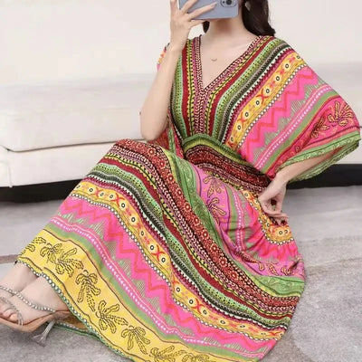 Retro Bohemian V-Neck Swing Maxi Dress