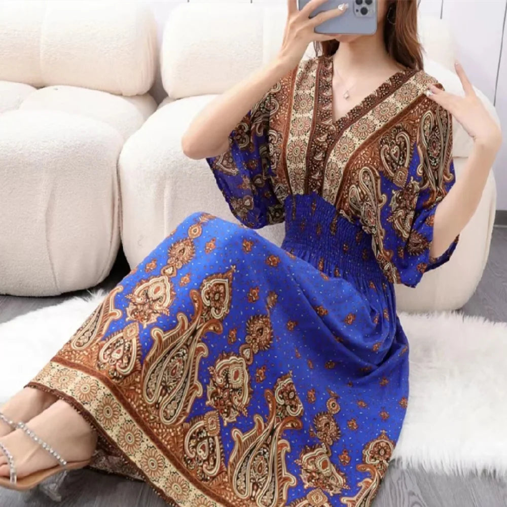 Retro Bohemian V-Neck Swing Maxi Dress