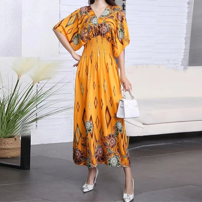 Retro Bohemian V-Neck Swing Maxi Dress