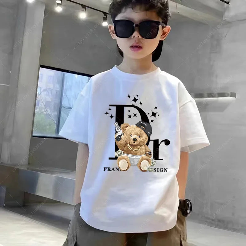 2024 Vintage Bear Print Kids Hoodie & Tee Set - Casual Kawaii Style