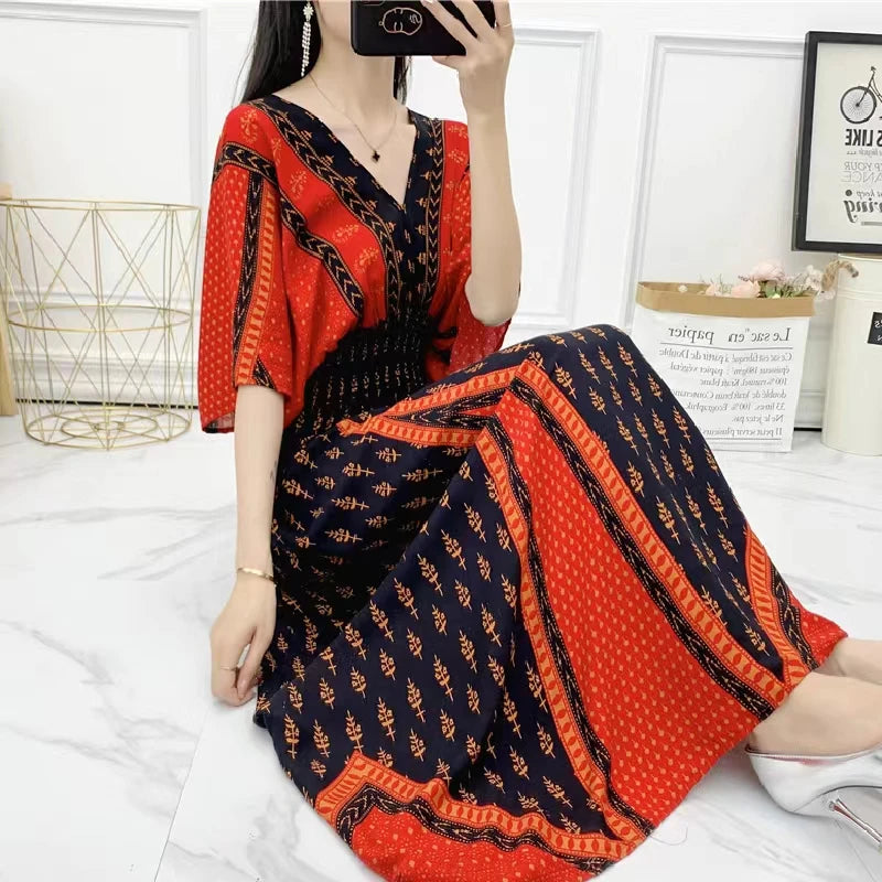 Retro Bohemian V-Neck Swing Maxi Dress