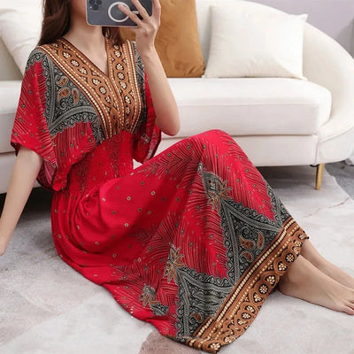 Retro Bohemian V-Neck Swing Maxi Dress