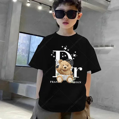 2024 Vintage Bear Print Kids Hoodie & Tee Set - Casual Kawaii Style