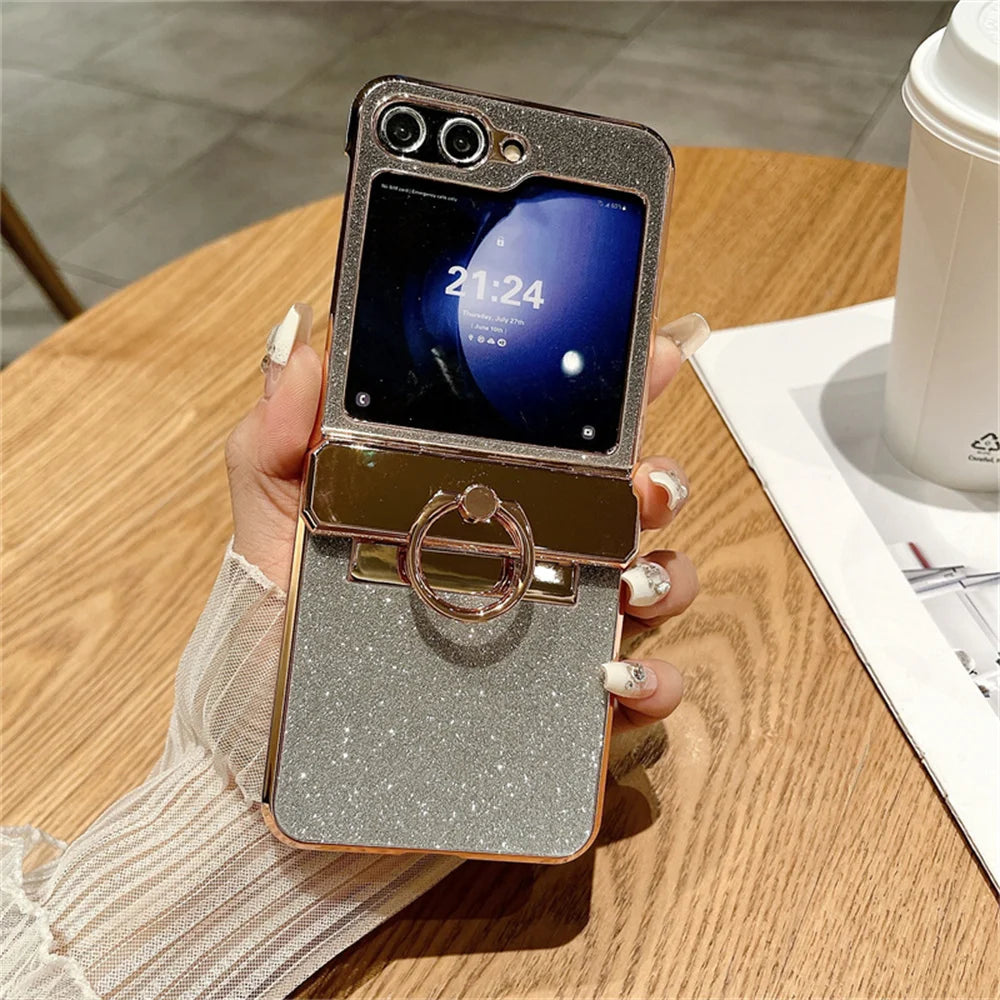 Glitter Ring Holder Stand Case for Samsung Galaxy Z Flip 5 4 3 6 ZFlip flip4 Flip5 Bracket Bling Diamond Gradient Plating Cover