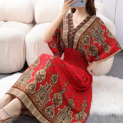 Retro Bohemian V-Neck Swing Maxi Dress