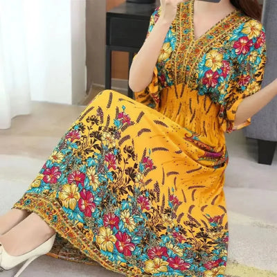 Retro Bohemian V-Neck Swing Maxi Dress