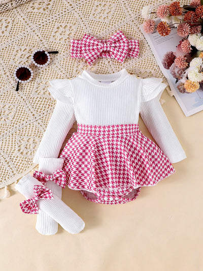 Baby Girls Aged 0-1 Years Old Have Comfortable Sweet And Cute Black Top + Houndstooth Skirt + Hair Band