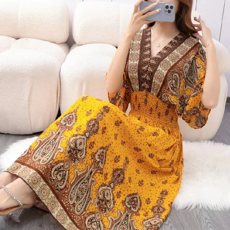 Retro Bohemian V-Neck Swing Maxi Dress