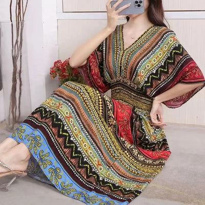 Retro Bohemian V-Neck Swing Maxi Dress