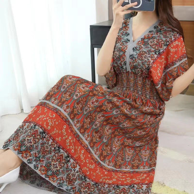 Retro Bohemian V-Neck Swing Maxi Dress