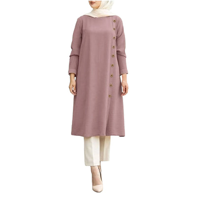 Arab Muslim Women's Long Sleeve Loose Blouse Dress - Casual Tunic Tops in Solid Colors.