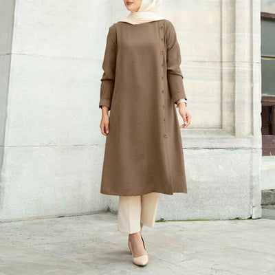 Arab Muslim Women's Long Sleeve Loose Blouse Dress - Casual Tunic Tops in Solid Colors.