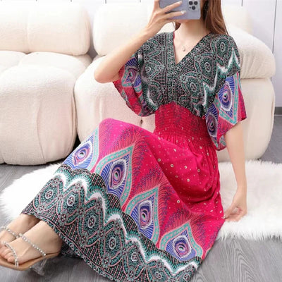 Retro Bohemian V-Neck Swing Maxi Dress