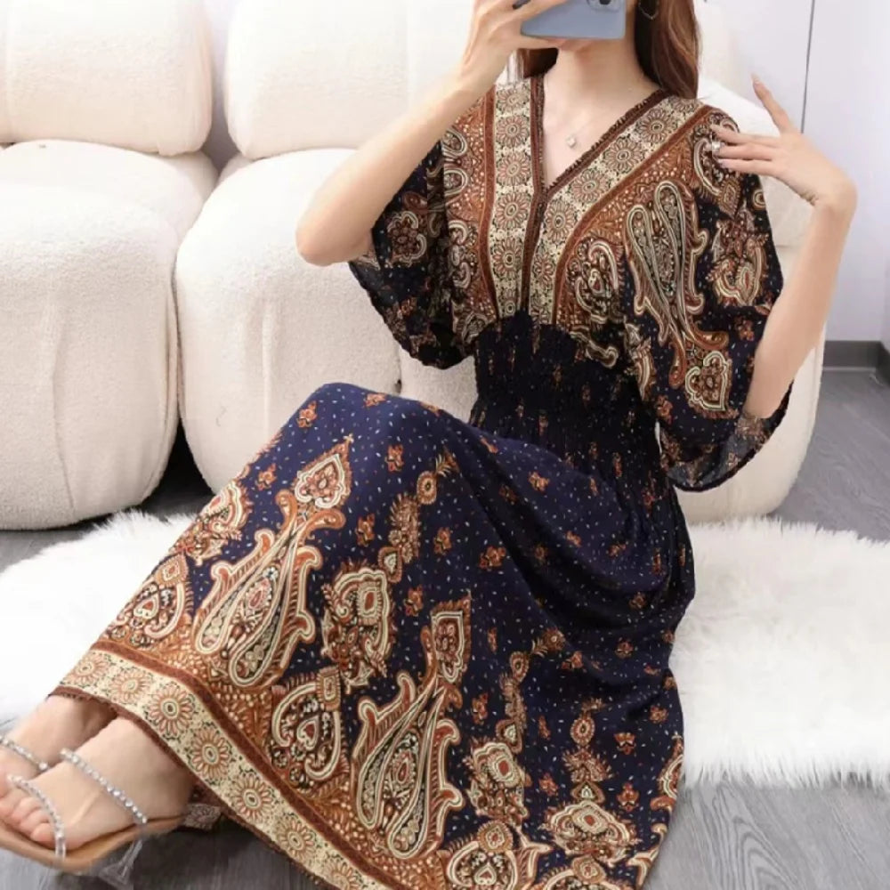 Retro Bohemian V-Neck Swing Maxi Dress