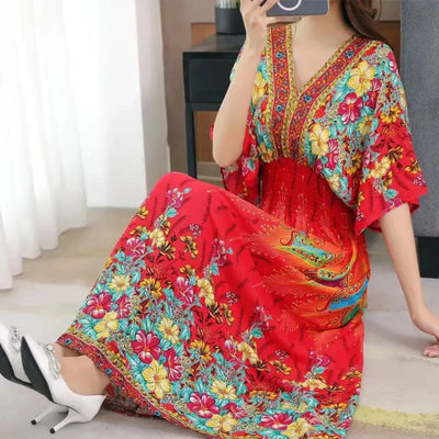 Retro Bohemian V-Neck Swing Maxi Dress