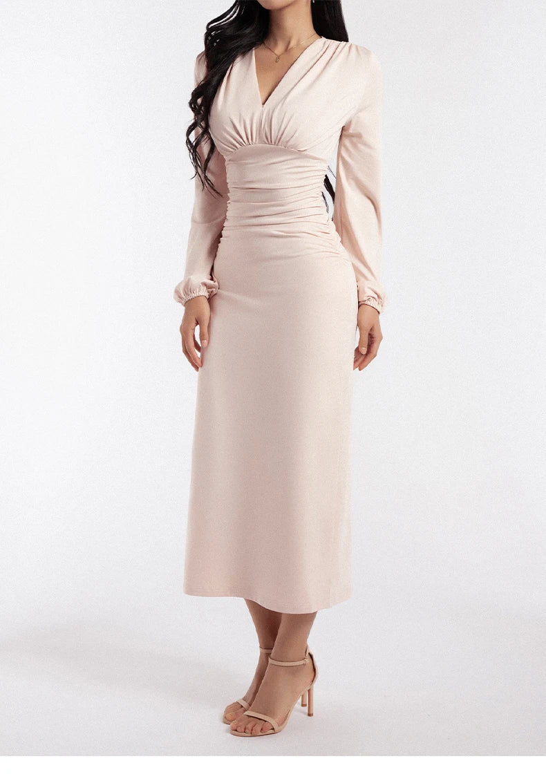 Women's Elegant V-Neck Sleeveless Long Dress - Folded Waist, Spring 2025 New Arrival