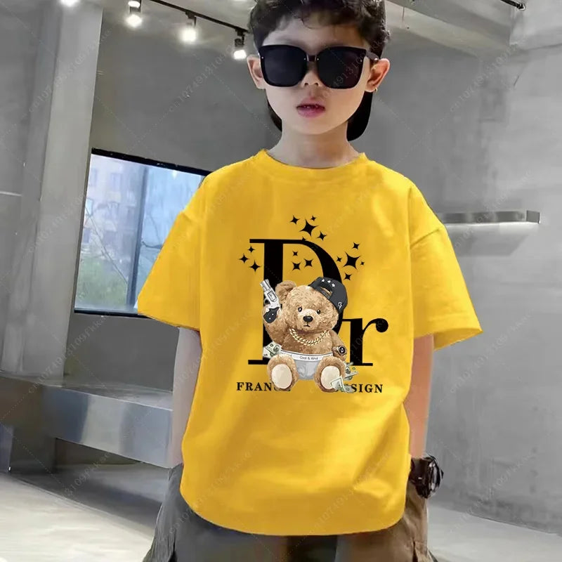 2024 Vintage Bear Print Kids Hoodie & Tee Set - Casual Kawaii Style