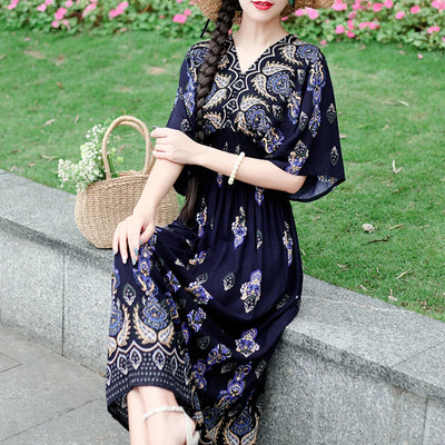 Retro Bohemian V-Neck Swing Maxi Dress