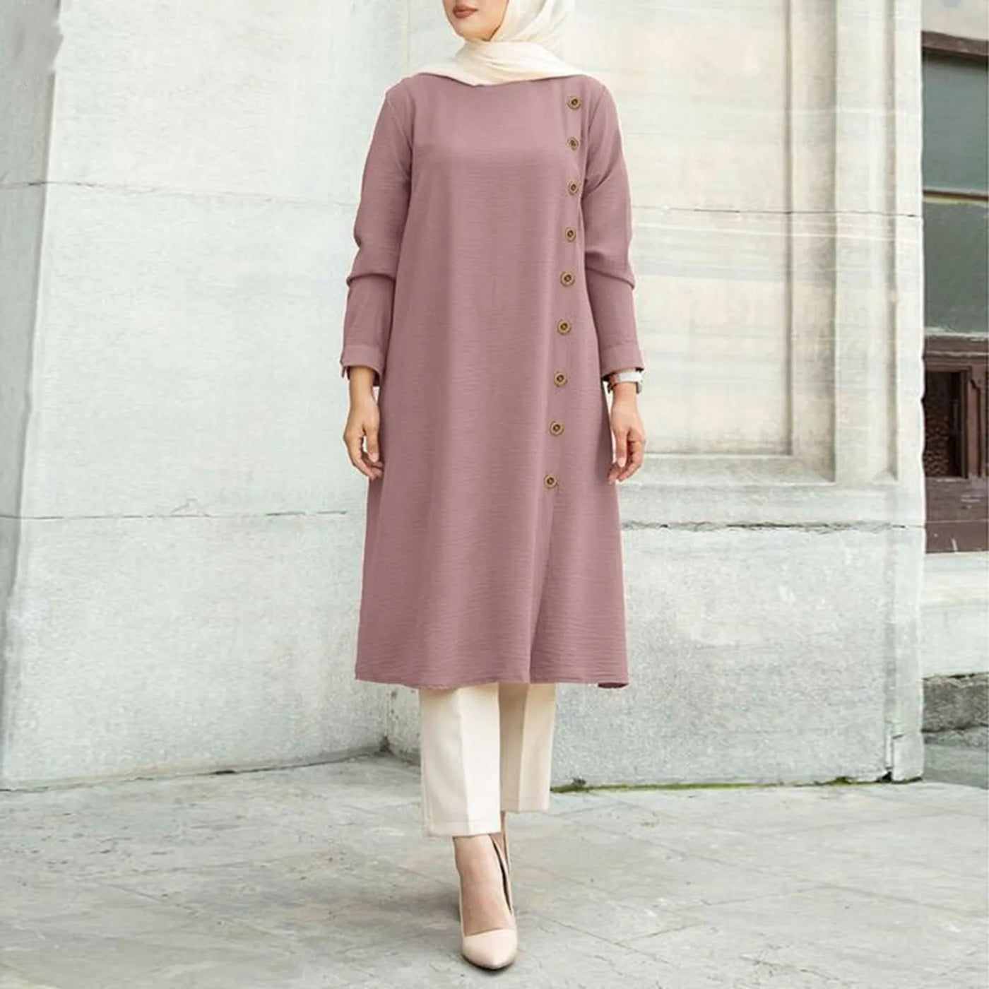 Arab Muslim Women's Long Sleeve Loose Blouse Dress - Casual Tunic Tops in Solid Colors.