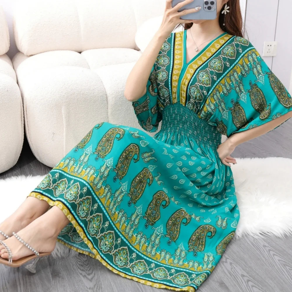 Retro Bohemian V-Neck Swing Maxi Dress