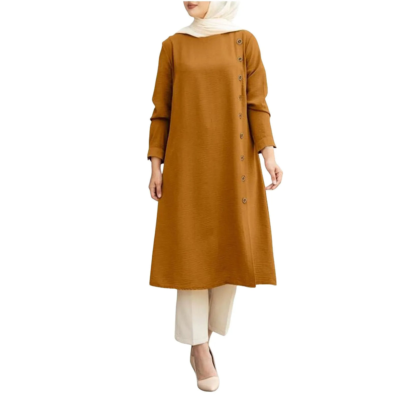 Arab Muslim Women's Long Sleeve Loose Blouse Dress - Casual Tunic Tops in Solid Colors.