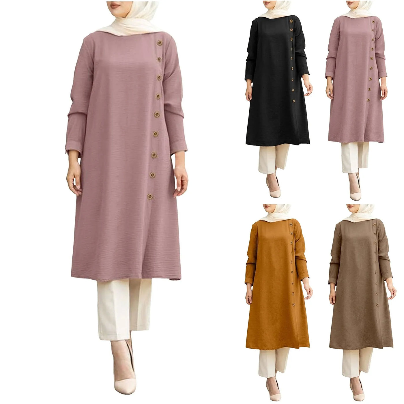 Arab Muslim Women's Long Sleeve Loose Blouse Dress - Casual Tunic Tops in Solid Colors.