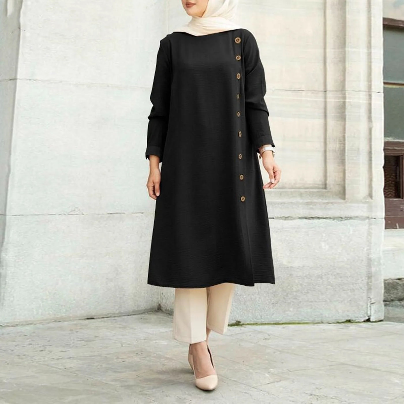 Arab Muslim Women's Long Sleeve Loose Blouse Dress - Casual Tunic Tops in Solid Colors.