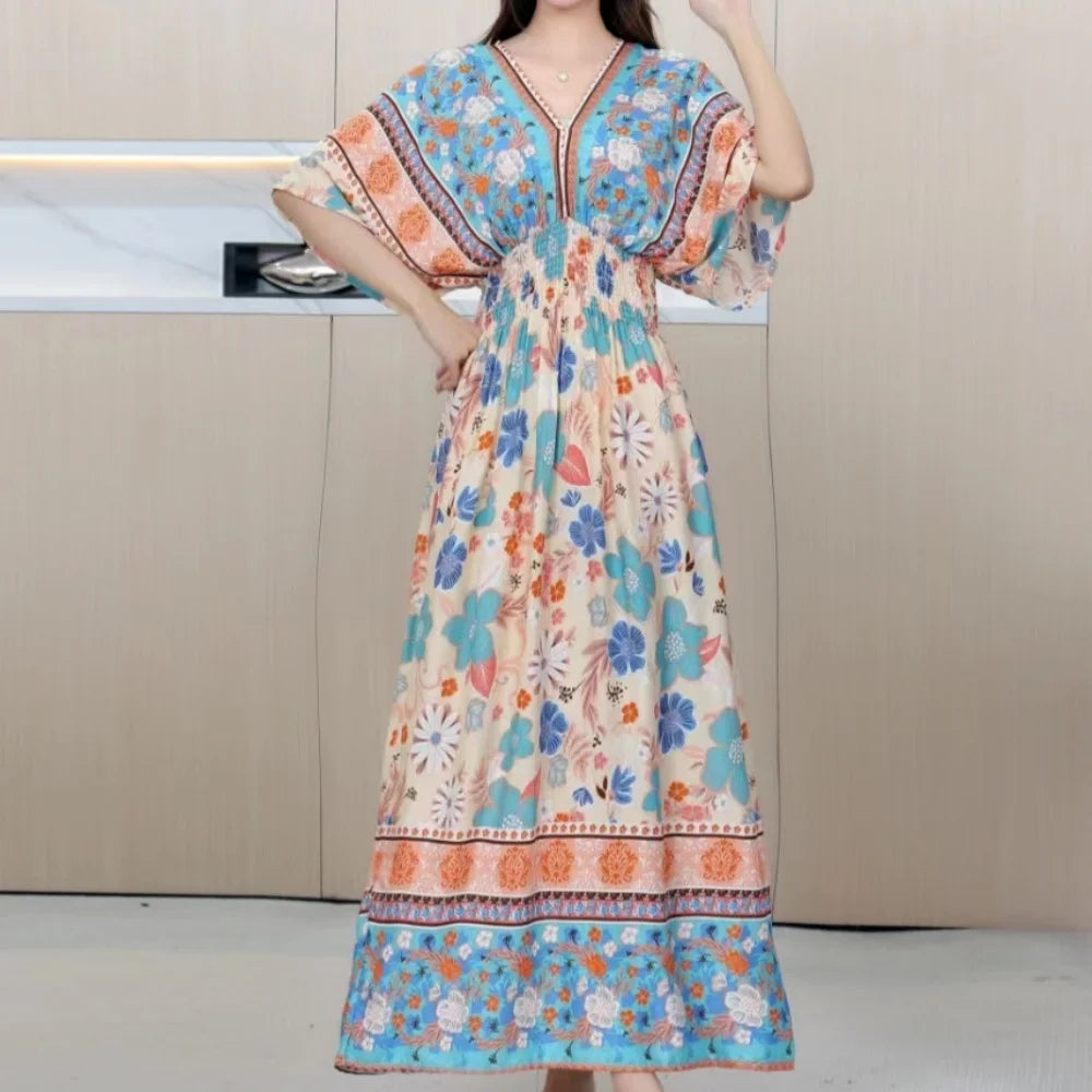 Retro Bohemian V-Neck Swing Maxi Dress