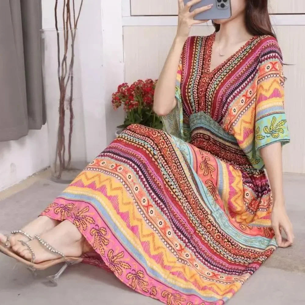 Retro Bohemian V-Neck Swing Maxi Dress