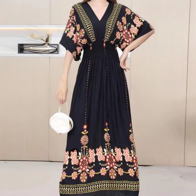 Retro Bohemian V-Neck Swing Maxi Dress