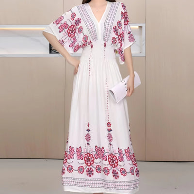 Retro Bohemian V-Neck Swing Maxi Dress