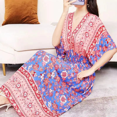 Retro Bohemian V-Neck Swing Maxi Dress