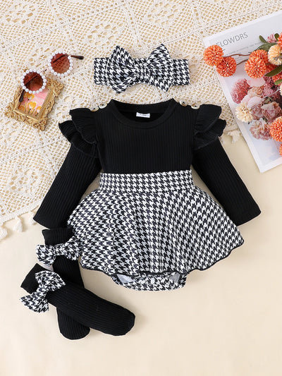 Baby Girls Aged 0-1 Years Old Have Comfortable Sweet And Cute Black Top + Houndstooth Skirt + Hair Band