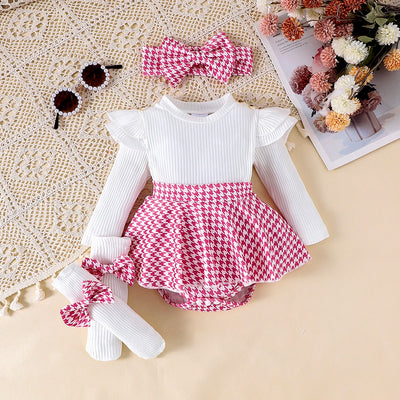 Baby Girls Aged 0-1 Years Old Have Comfortable Sweet And Cute Black Top + Houndstooth Skirt + Hair Band