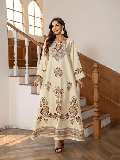 Elegant Floral Printed Abaya Middle Eastern Muslim Clothing For Women