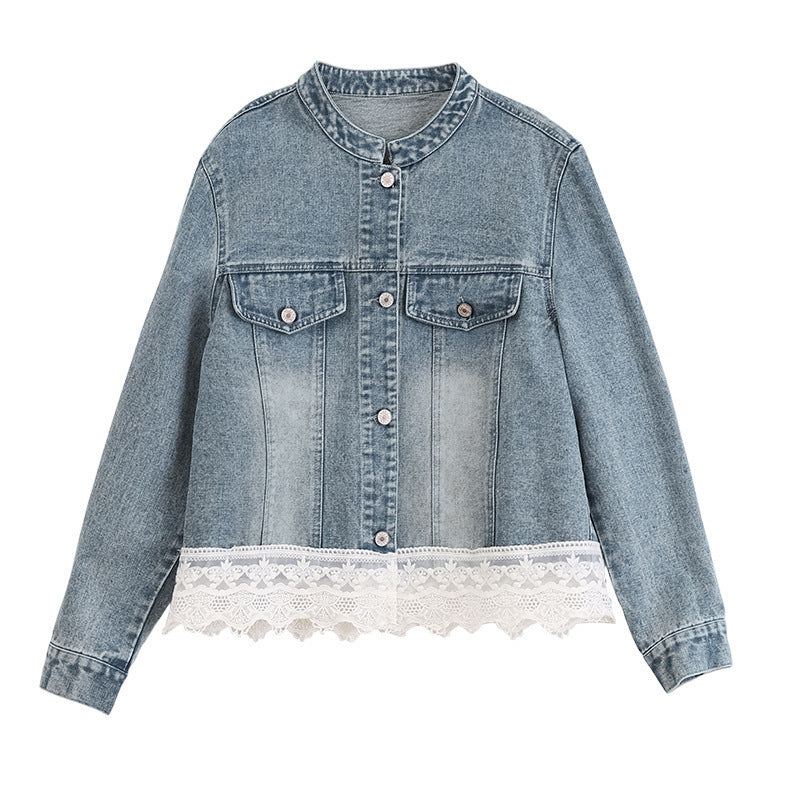 Denim Coat Female Lace Stitching Coat