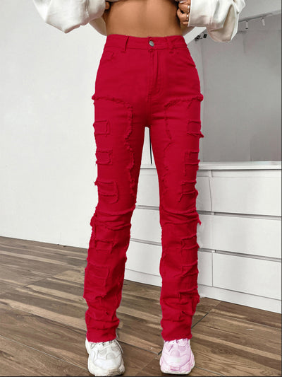 Women's Embroidered Straight-leg Pants Fashion I Stretch Patchwork Jeans