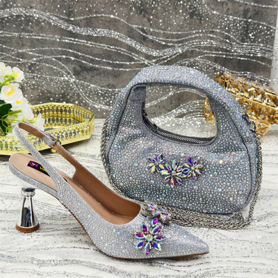 Pointed Toe High Heel Rhinestone Flower Shoes With Handbag Soft