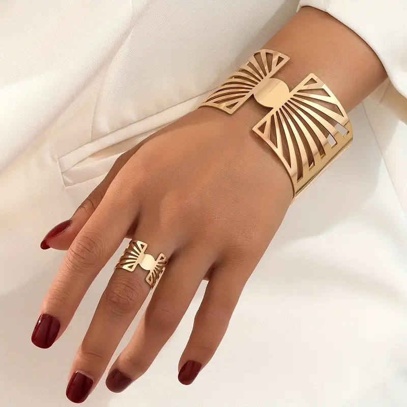 14K Gold Plated Golden Radiance  Adjustable Geometric Ring And Cuff Set