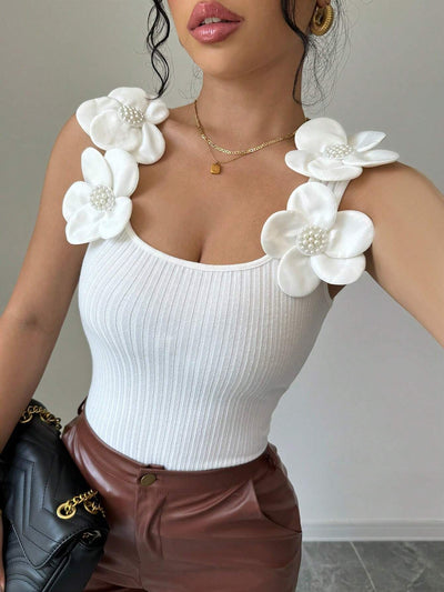 European And American Fashion Casual Three-dimensional Flower Decorative Knitted Sleeveless Top