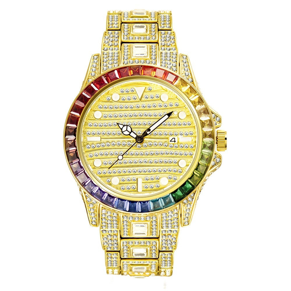 Fashion High-end Gradient Rainbow Diamond Waterproof Men's Quartz Watch