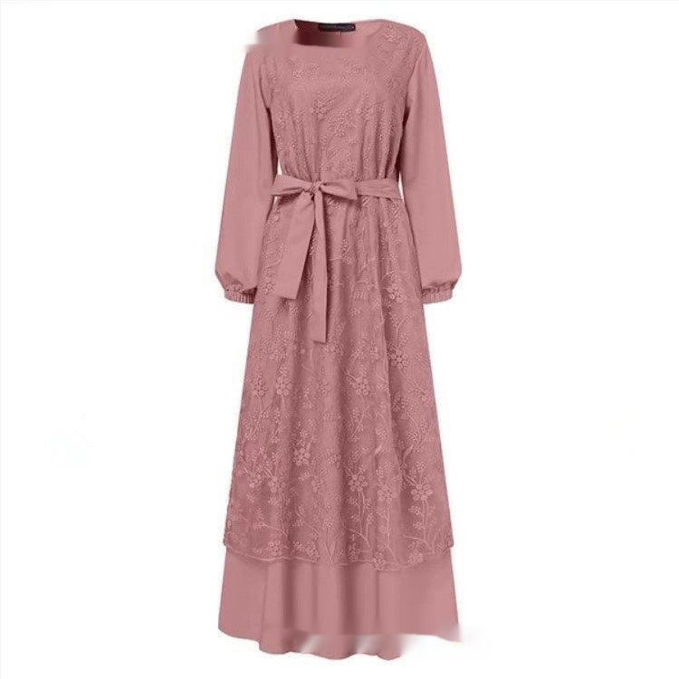 Muslim Round Neck Lace Floral Dress